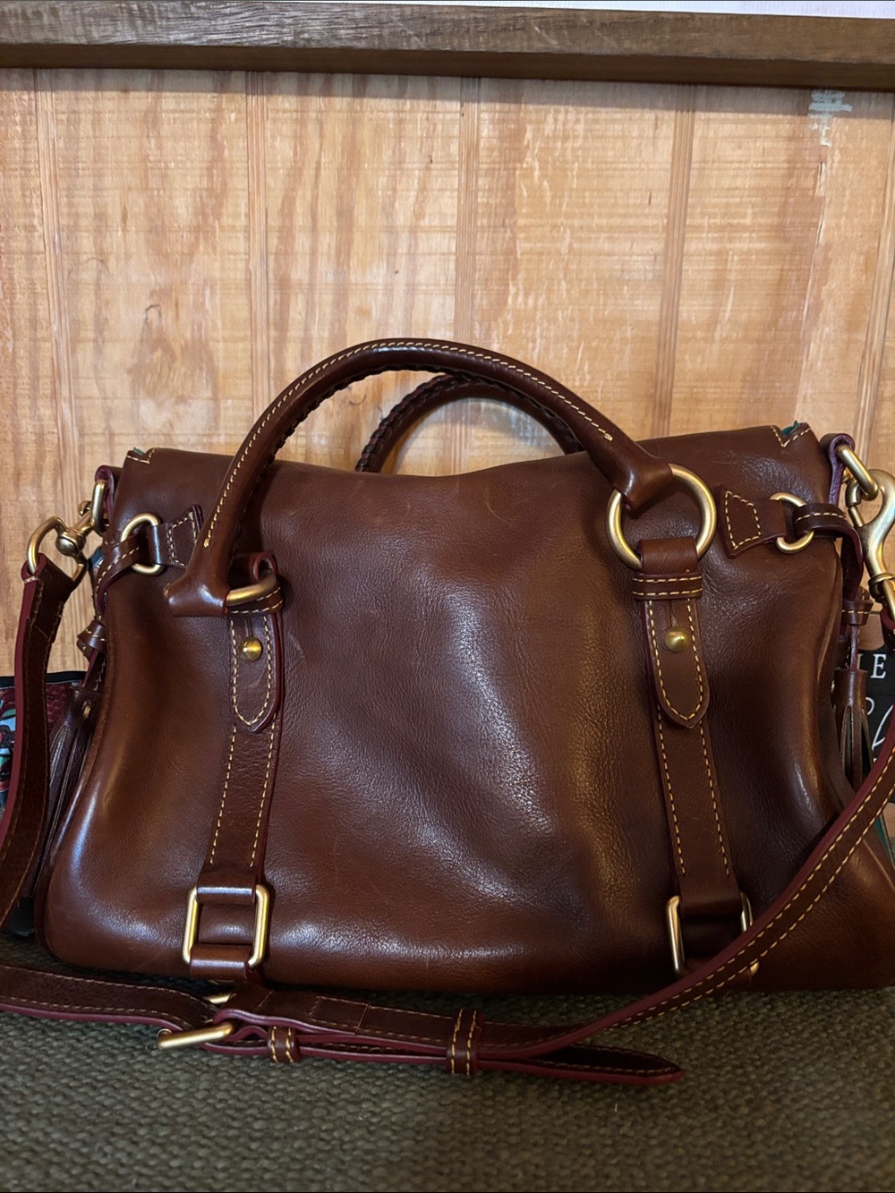 Dooney & Bourke Brown Leather Handbag with Chains & charm accents. - Picture 2 of 5